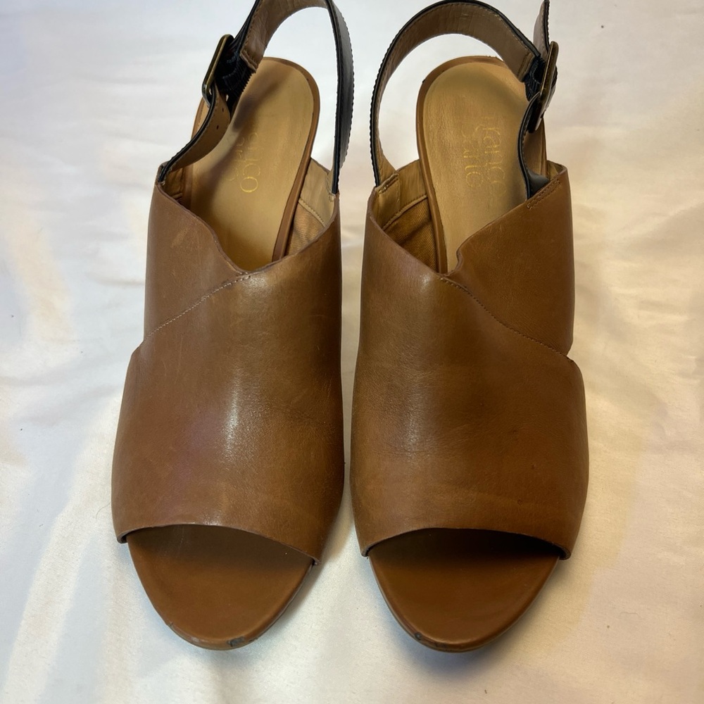 Franco Sarto Heels Women 9.5 M Quatrain Brown Leather Peep Toe Black Slingback - Picture 5 of 9